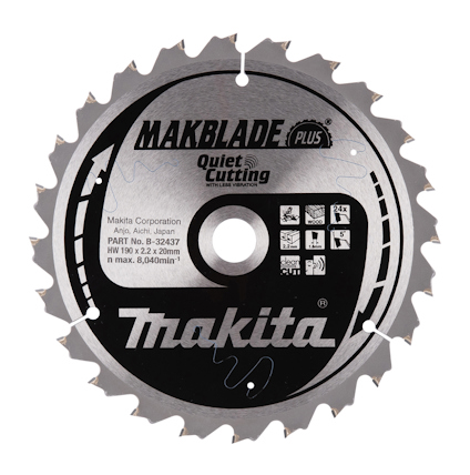 Cirkulär sågklinga med silvriga tänder och svart mittområde med texten "MAKBLADE PLUS", "Makita" och tekniska specifikationer.
