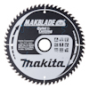 Rund sågklinga med tänder, texten "MAKBLADE PLUS" och "Makita" synliga, del av produktinformation tryckt på klingan.