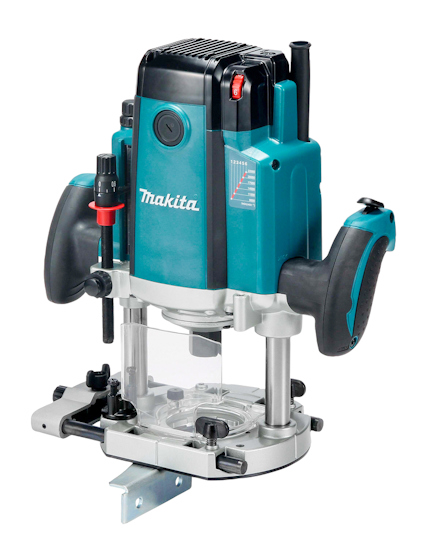 Handöverfräs från Makita med blå och svart design, justerbar bas och ergonomiska handtag.