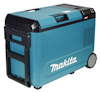 Kylbox på hjul med handtag, blå färg och märket "Makita" på sidan.