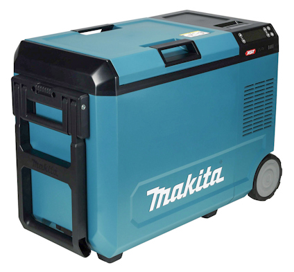 Kylbox på hjul med handtag, blå färg och märket "Makita" på sidan.