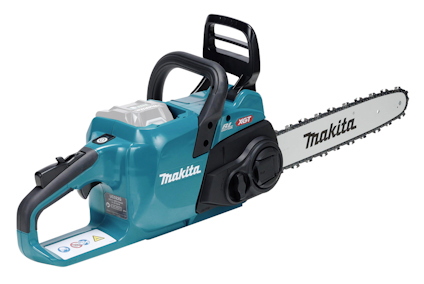 Blå Makita-kedjesåg med svart handtag och sågblad, med XGT-logga synlig på sidan av kroppen.