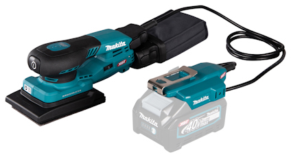 Planslipmaskin med strömsladd och dammpåse, i blå och svart färg. Märkt med "Makita" och "40V Max".