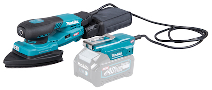 Batteridriven slipmaskin från Makita med svart och blå design, deltaformad slipplatta och sladdanslutning.