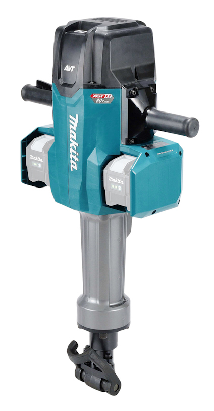 Batteridriven bilningshammare med horisontella handtag och Makita-logotyp, färgad i turkos och grått.
