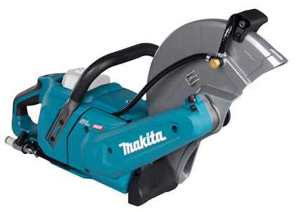 Kapmaskin i blått och silver med svart handtag och rund klinga, märkt "Makita".
