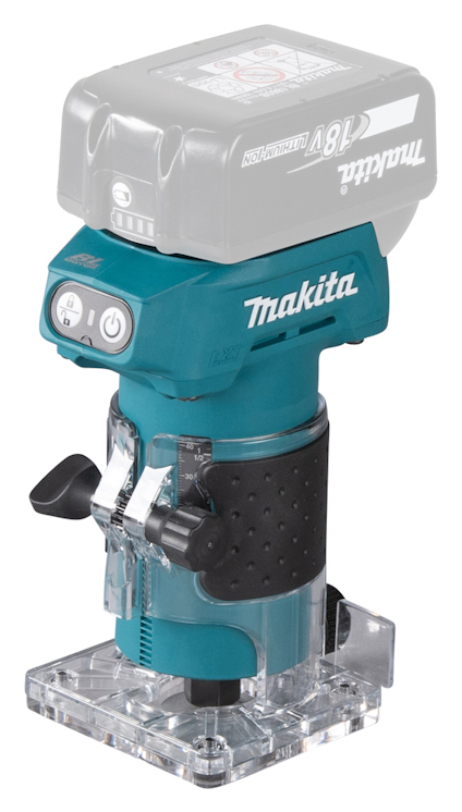 Sladdlös multifräs från Makita i turkos och svart, med exponerad batterifäste upptill och genomskinlig bas.