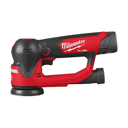 Excenterslip med röd och svart design, märkt med "Milwaukee" och "Fuel" i vitt.