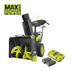 Snöslunga av märket RYOBI med gröna detaljer, batteriladdare och två batterier. Text: "MAX POWER".