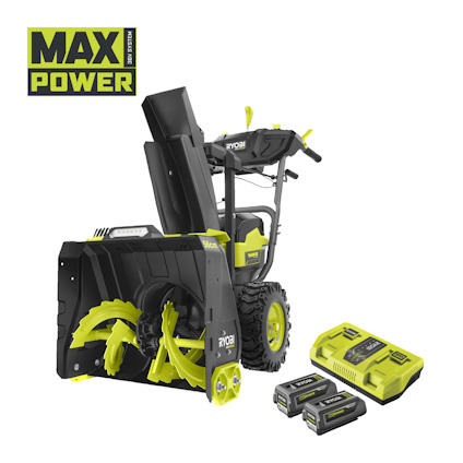 Snöslunga av märket RYOBI med gröna detaljer, batteriladdare och två batterier. Text: "MAX POWER".
