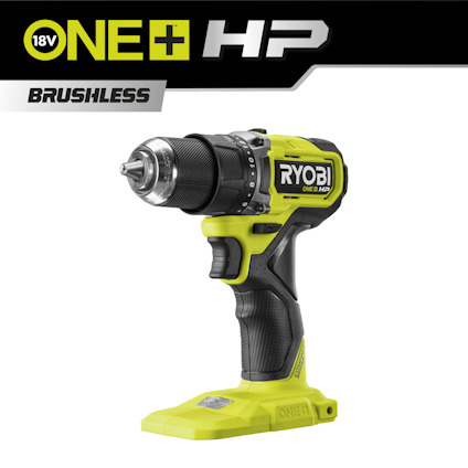 Borrskruvdragare i svart och grön färg, märkt med "RYOBI ONE+ HP" och "BRUSHLESS".