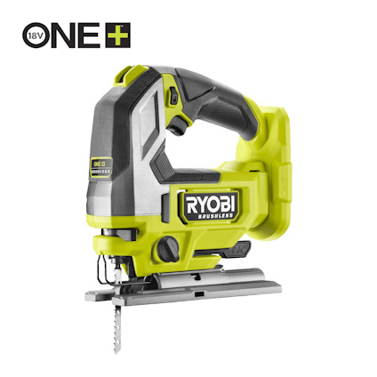 Grön och svart sticksåg med texten "RYOBI BRUSHLESS", del av ONE+ 18V-systemet.