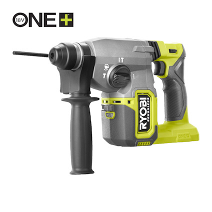 Kombinerad borrhammare med grönt och svart hölje, handtag och Ryobi-logotyp.