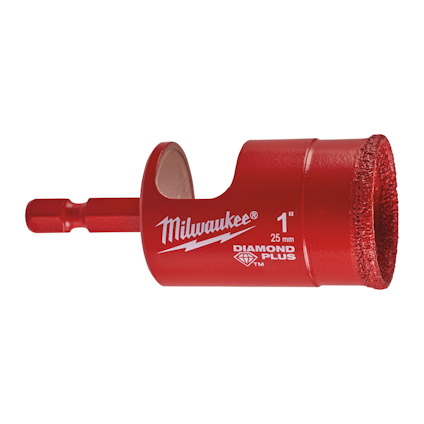 Röd diamantborr med texten "Milwaukee 25 mm Diamond Plus" och en sexkantig skaft.