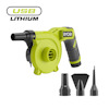 Grön luftpump av märket RYOBI med svart handtag och tre olika munstycken. Text "USB LITHIUM" i övre vänstra hörnet.