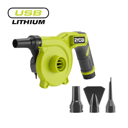 Grön luftpump av märket RYOBI med svart handtag och tre olika munstycken. Text "USB LITHIUM" i övre vänstra hörnet.