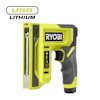 Grön och svart häftpistol med texten "RYOBI" och "4-in-1" på sidan. USB Lithium-logotyp i övre vänstra hörnet.