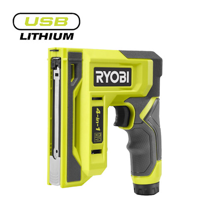 Grön och svart häftpistol med texten "RYOBI" och "4-in-1" på sidan. USB Lithium-logotyp i övre vänstra hörnet.