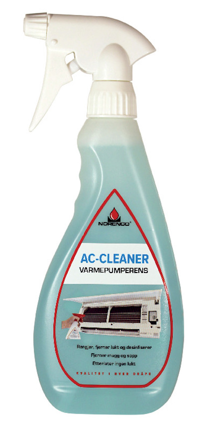 Sprayflaska med AC-Cleaner etikett och bild av luftkonditioneringsenhet på framsidan.