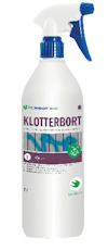Vit sprayflaska med blå sprejmunstycke, märkt "Biokleen KLOTTERBORT" och miljömärkning.