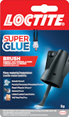 Förpackning av Loctite Super Glue Brush med penselapplikator, 5g. Text på flera språk.