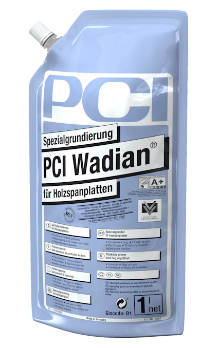 Förpackning med PCI Wadian, specialgrund för träfiberskivor, 1 liter. Etiketten visar produktdetaljer och piktogram.
