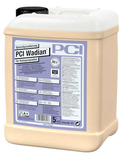 Kvit plastburk med etikett märkt "PCI Wadian", innehåller tysk text och symboler, volym 5 liter.
