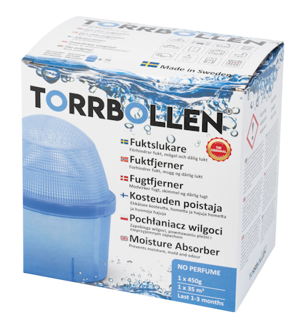 Förpackning med texten "TORRBOLLEN", visar en blå behållare och marknadsförs som fuktslukare.