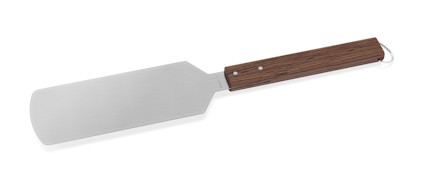 En lång stekspade med metallblad och trähandtag.