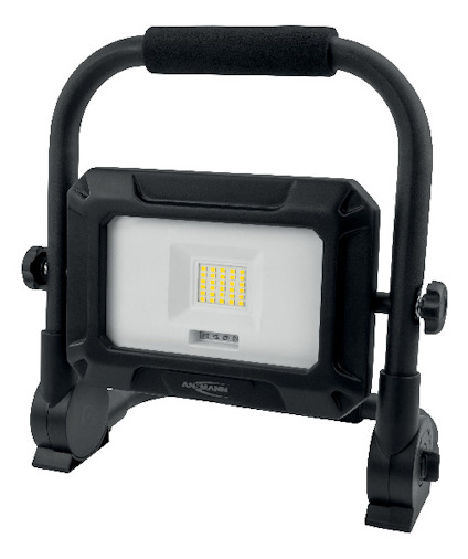 Arbetsbelysning med LED-panel monterad i robust ram med bärhandtag och justerbara fästen.