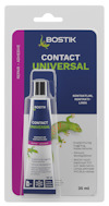 Förpackning av Bostik Contact Universal lim, med en ödla på etiketten och text på flera språk.