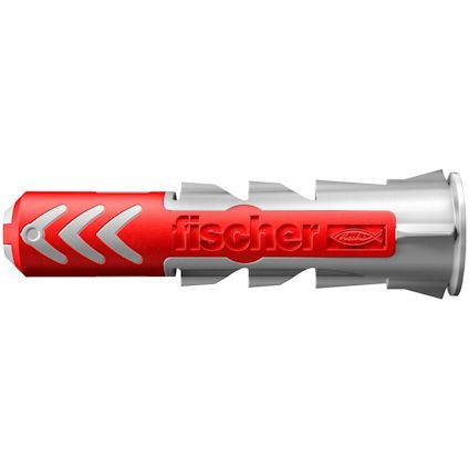 Röd och silverfärgad expanderplugg med texten "fischer" på sidan.
