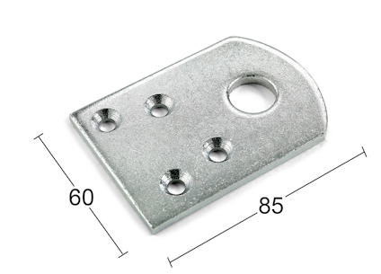 Metallplatta med fem hål i varierande storlek, mått angivna: 60 mm och 85 mm.