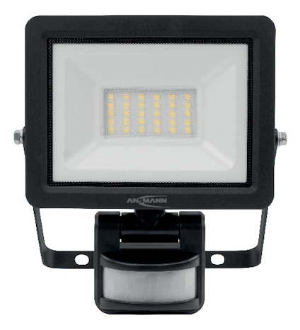 Rektangulär LED-strålkastare med sensor, svart ram och vit panel med lysdioder.