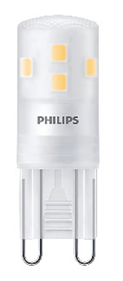 LED-lampa med en frostad yta och synliga gula dioder, märkt med "PHILIPS" på utsidan.