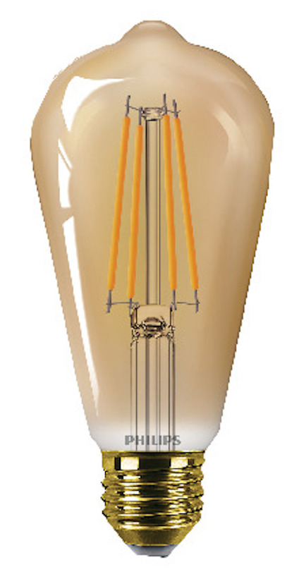 Glödlampa i vintage-stil med synliga filament och E27-sockel, bär texten "Philips".