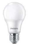 LED-lampa med frostglas och E27-sockel, märkt med texten "PHILIPS".