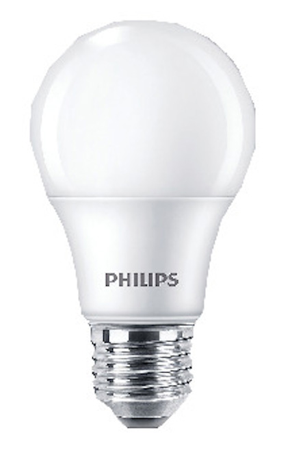 LED-lampa med frostglas och E27-sockel, märkt med texten "PHILIPS".