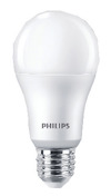 LED-glödlampa med frostad yta och E27-sockel; märkt med "Philips" på basen.