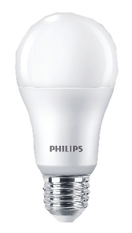 LED-glödlampa med frostad yta och E27-sockel; märkt med "Philips" på basen.
