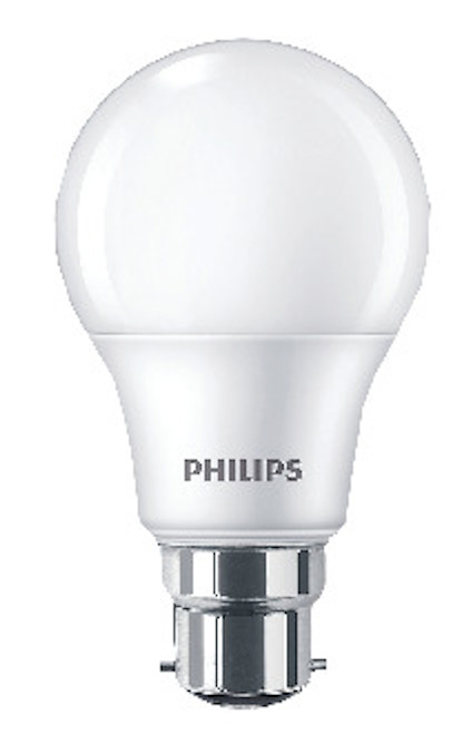 Vit LED-glödlampa med B22-sockel, märkt "PHILIPS".