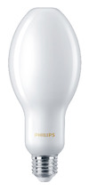 Vit LED-lampa med frostad yta och E27-sockel. Märkt med "PHILIPS" i guld.