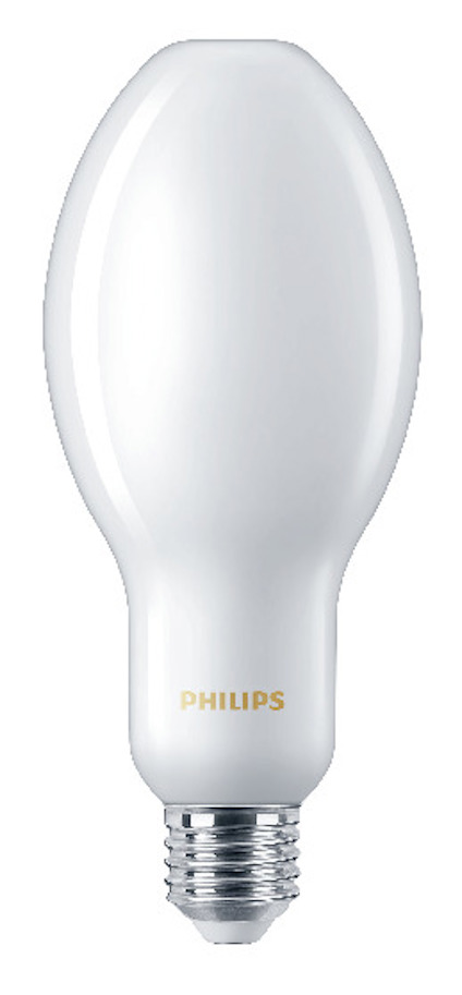 Vit LED-lampa med frostad yta och E27-sockel. Märkt med "PHILIPS" i guld.
