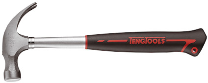 Snickarhammare med silverfärgat huvud och svart handtag med röda detaljer. Märkt "Teng Tools".