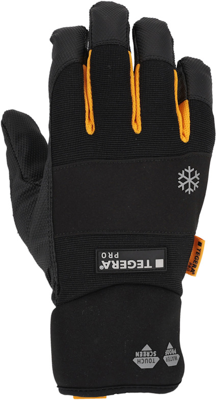 Svart och orange handske med snöflingeikon och text "TEGERA PRO". Touchscreen-symbol i vitt längst ner.