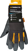 Arbetshandske Tegera Pro 9130 i svart och orange med text: "Waterproof, Cold protection, Touch screen". Storlek 10, X-large.