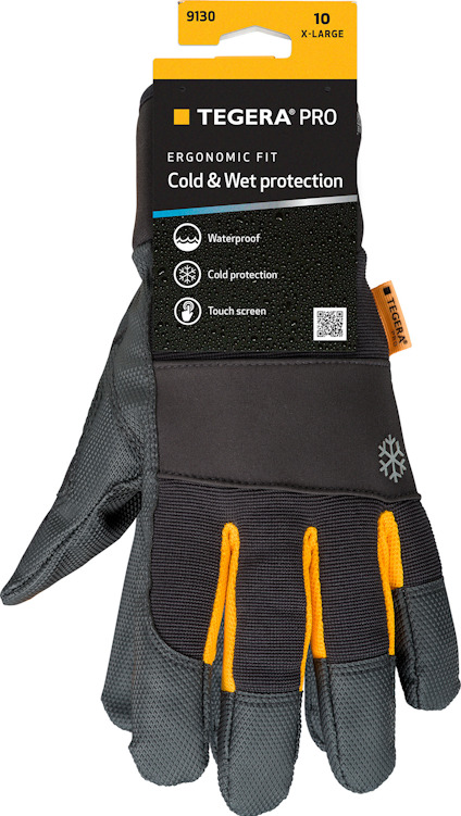 Arbetshandske Tegera Pro 9130 i svart och orange med text: "Waterproof, Cold protection, Touch screen". Storlek 10, X-large.
