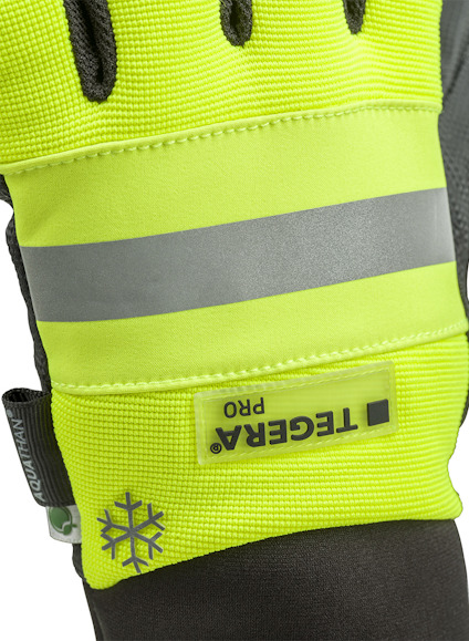 Gul arbetshandske med reflexband, text "TEGERA PRO" och snöflingeikon.