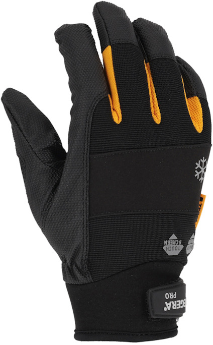 Svart handske med orange detaljer och pekskärmskompatibel fingertopp.