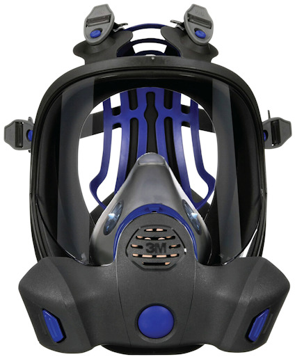 Gasmask med svart och blå design, ventiler fram och justerbara remmar ovan och på sidorna.